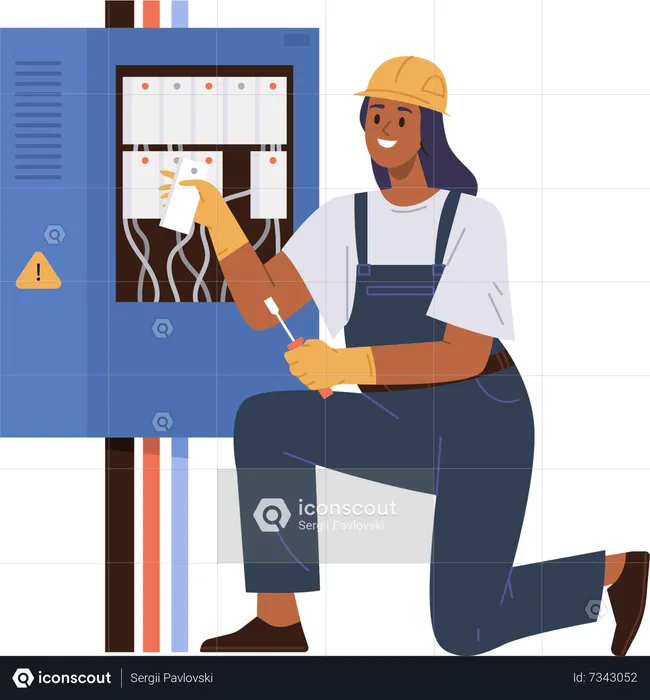 Female electrician checking junction power box repair  Illustration