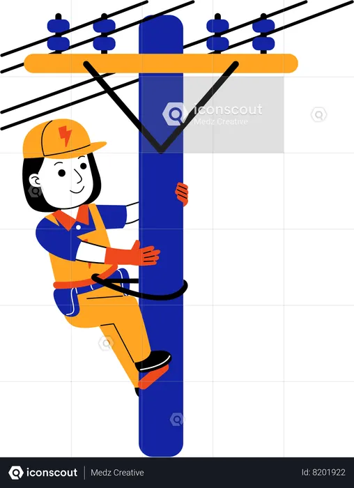 Female Electrician climbs electric pole  Illustration