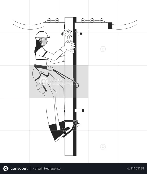 Female electrician repairing utility pole  Illustration