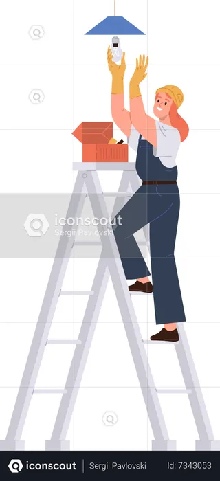 Female electrician screwing light bulb lamp into ceiling chandelier standing on step ladder  Illustration