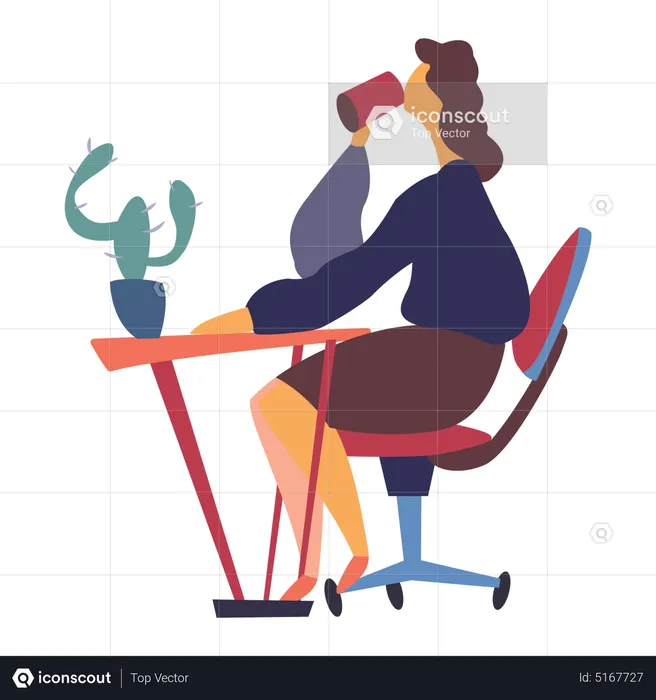 Female employee drink coffee and sitting on chair  Illustration