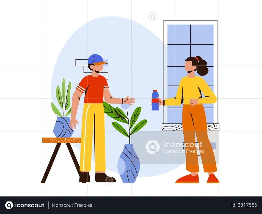 Female employee giving water bottle to male employee  Illustration