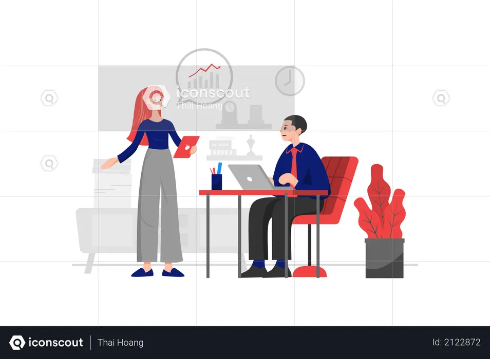 Female employee is reading financial statements for the director in the office  Illustration