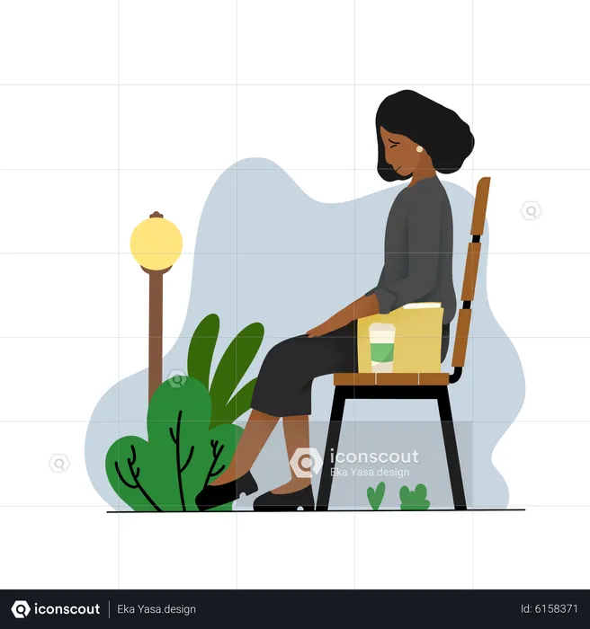 Female employee sitting sad at park bench  Illustration