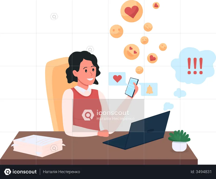 Female employee using social media  Illustration