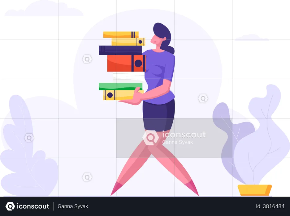 Female employee with heap of incomplete work  Illustration
