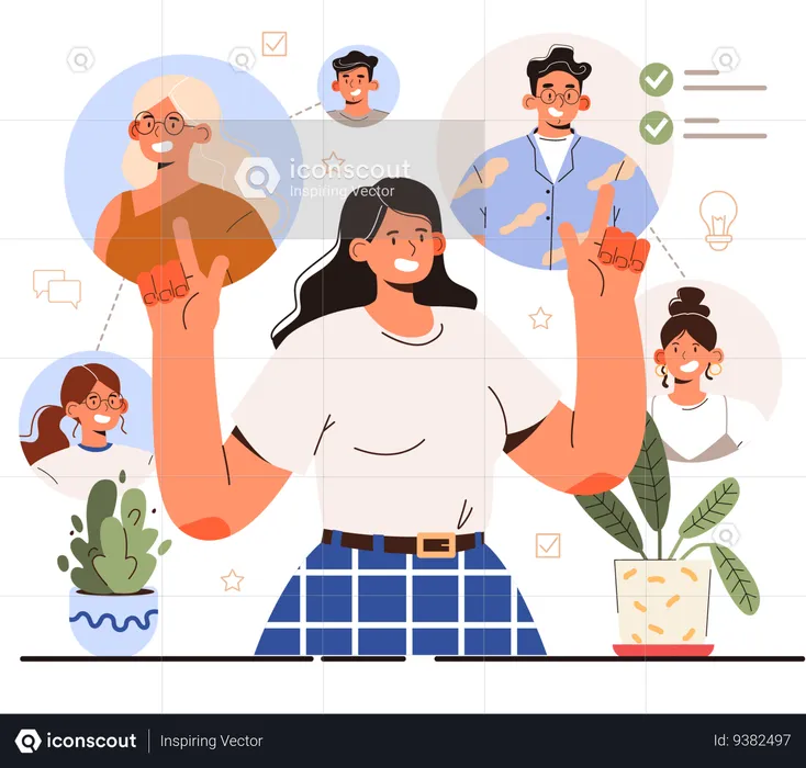 Female employee with multiple teams managing skill  Illustration