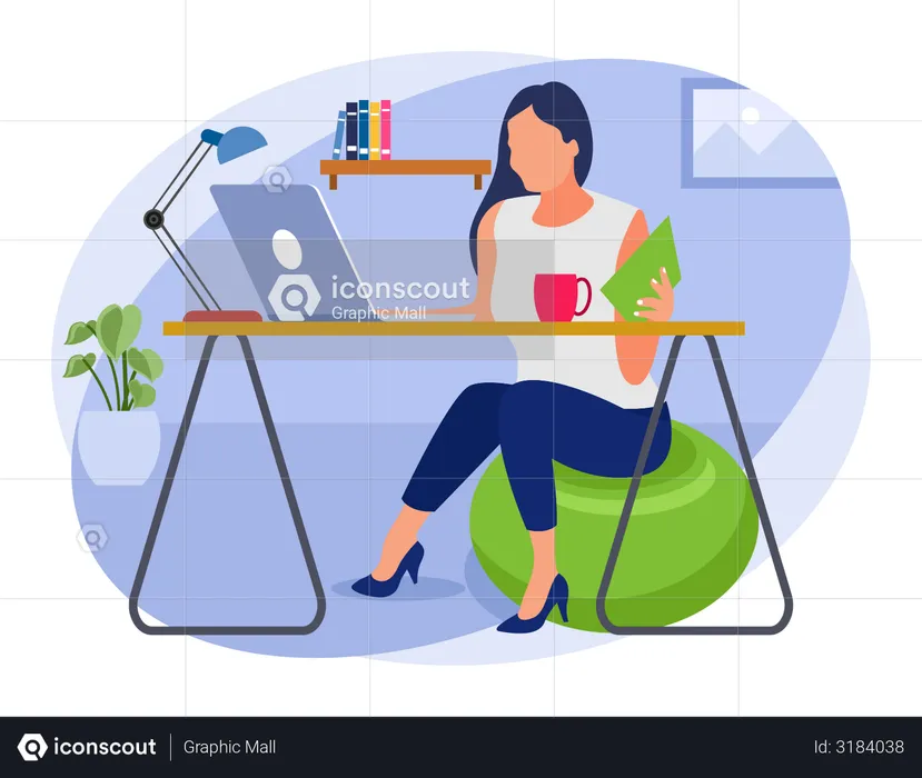 Female employee working from home on desk  Illustration