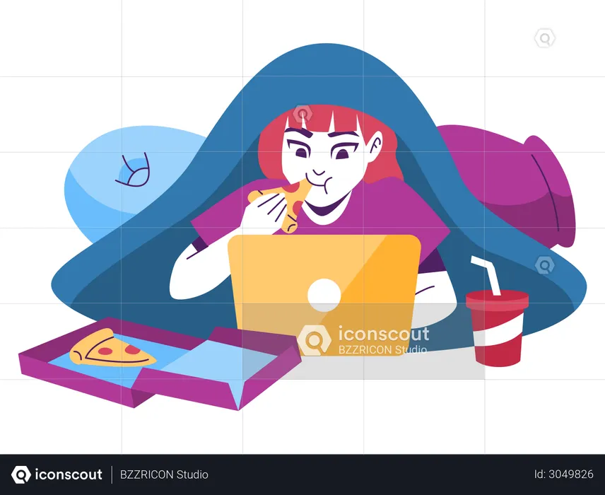 Female employee working on laptop while eating pizza  Illustration