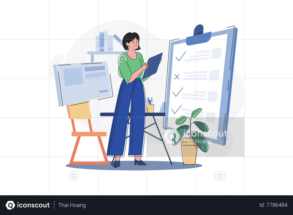 Female Employee Working On The Tasklist  Illustration