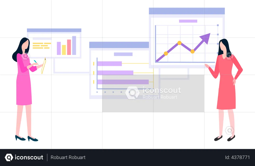 Female employees work with data analysis  Illustration