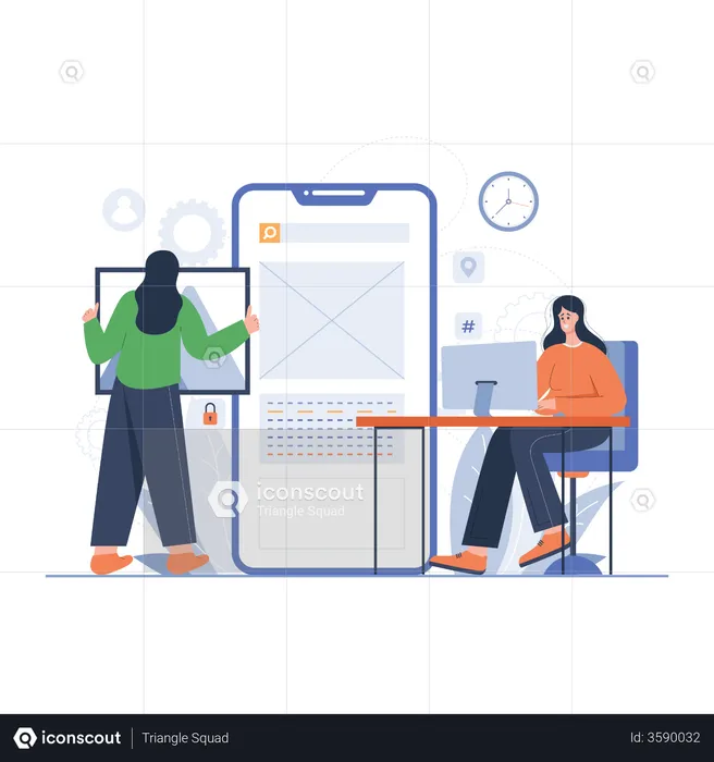 Female employees working on app development  Illustration