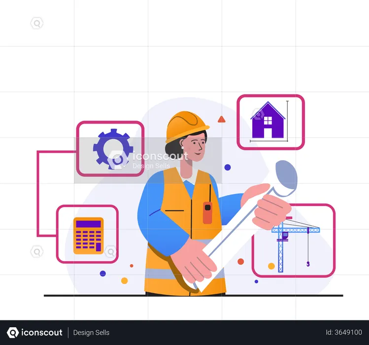 Female engineer holding house construction site plan  Illustration