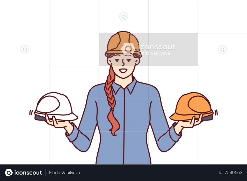 Female engineer holding two hemet  Illustration