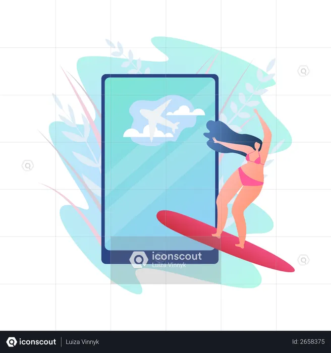 Female enjoying surfboarding  Illustration