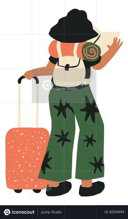 Female Explorer looking map with luggage  Illustration