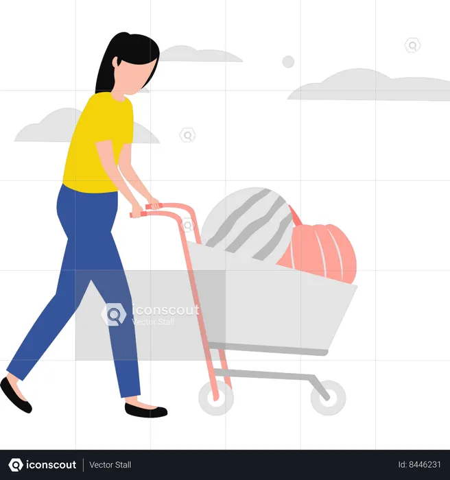 Female farmer carrying vegetables in wheelbarrow  Illustration