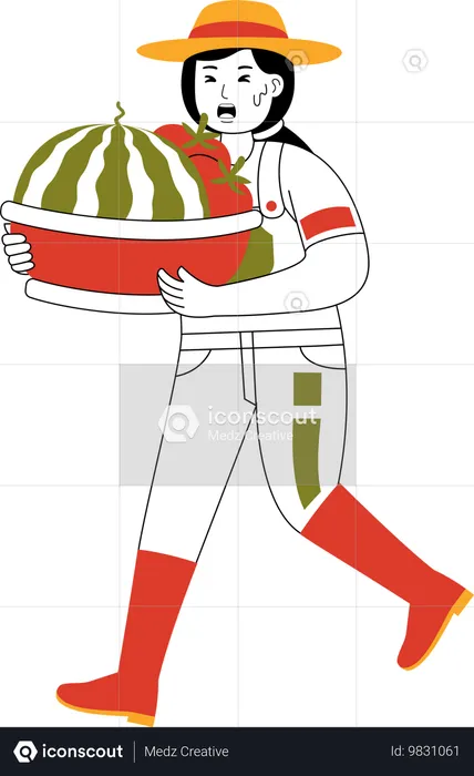 Female Farmer Carrying Watermelon In Basket  Illustration