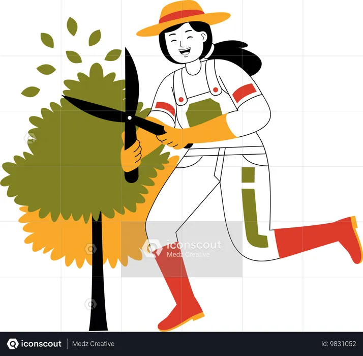 Female Farmer Cuts Plants With Hedge Shears  Illustration