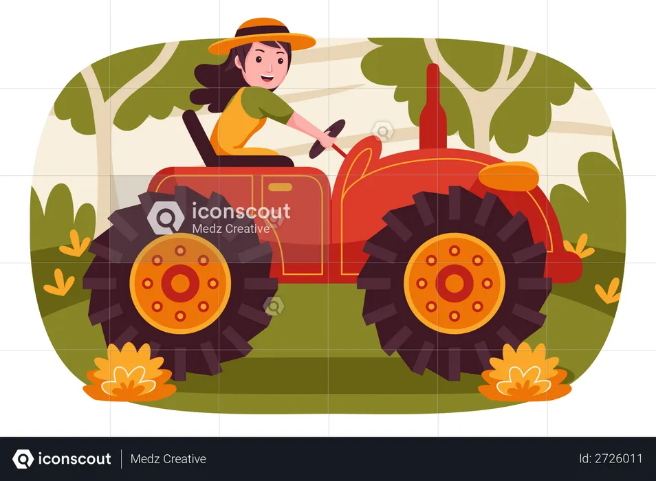 Female farmer driving tractor  Illustration