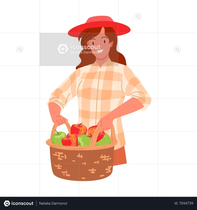 Female farmer holding apple busket  Illustration