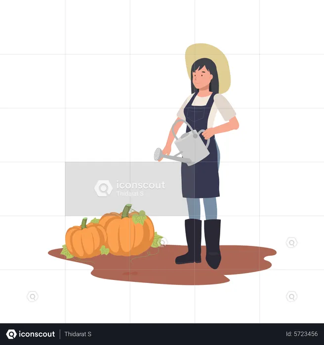 Female farmer holding watering can near pumpkin garden  Illustration