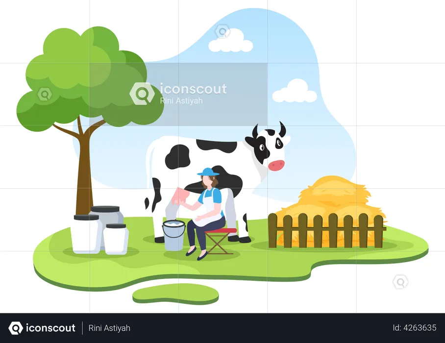 Female farmer milking cow  Illustration