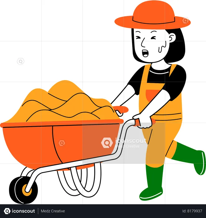 Female farmer pushing cart  Illustration