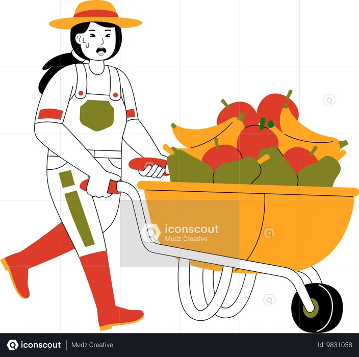 Female Farmer Pushing Trolley Filled With Fruits  Illustration