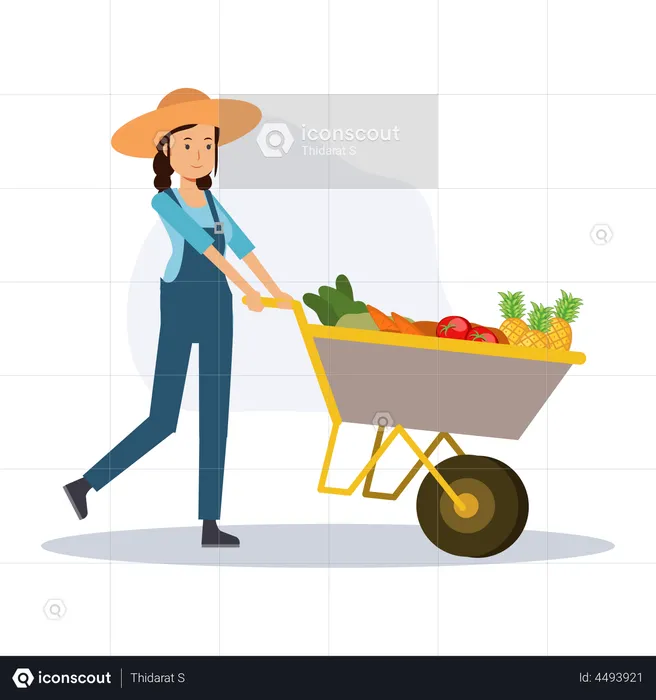 Female farmer pushing vegetables cart  Illustration