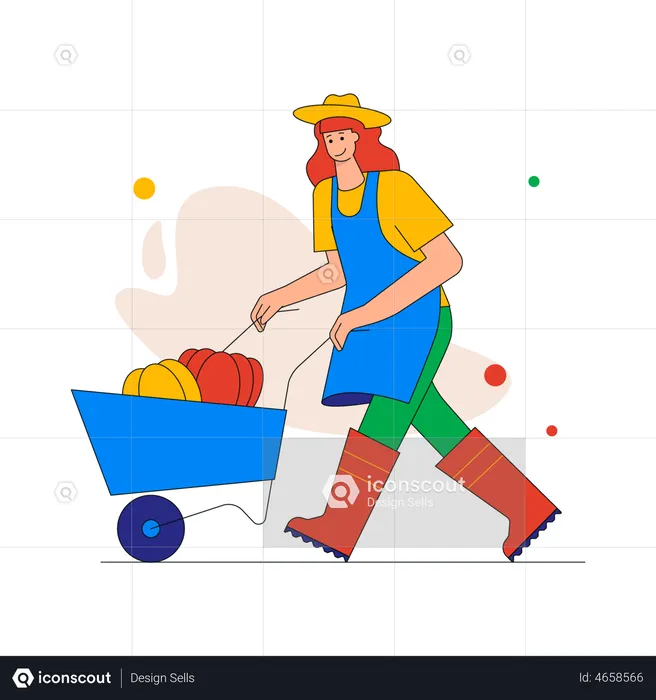 Female farmer pushing wheelbarrow with harvest of vegetables  Illustration
