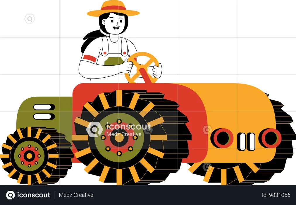 Female Farmer Riding Tractor  Illustration