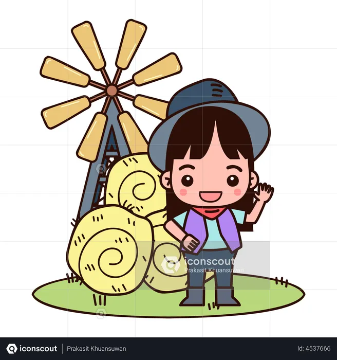 Female farmer standing near hay  Illustration