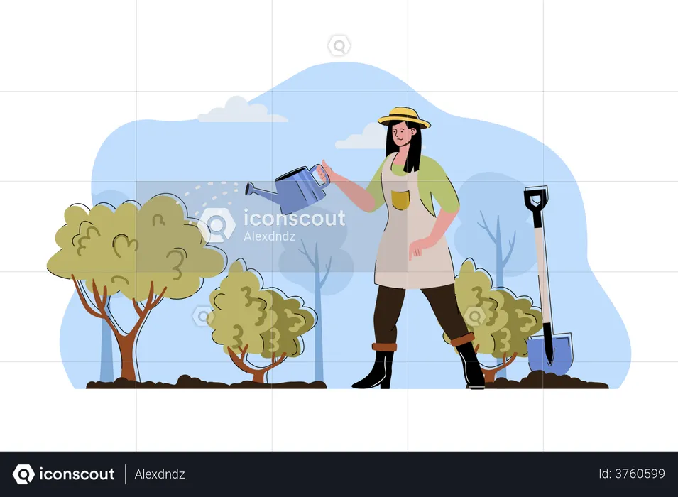 Female farmer watering in farm  Illustration