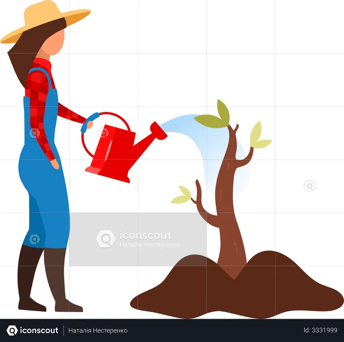 Female farmer watering sapling  Illustration