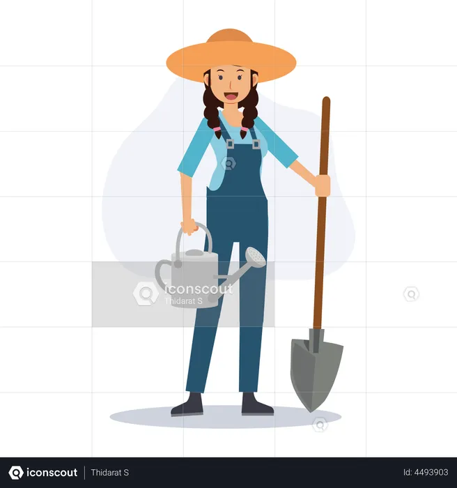 Female farmer with shovel and watering can  Illustration