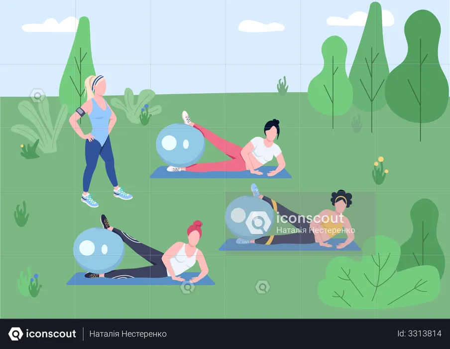 Female fitness instructor and young women training with stability balls  Illustration