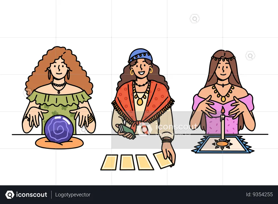 Female fortune tellers use tarot cards and oracle crystal ball to predict future  Illustration