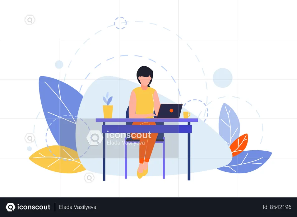 Female freelancer at table with laptop  Illustration