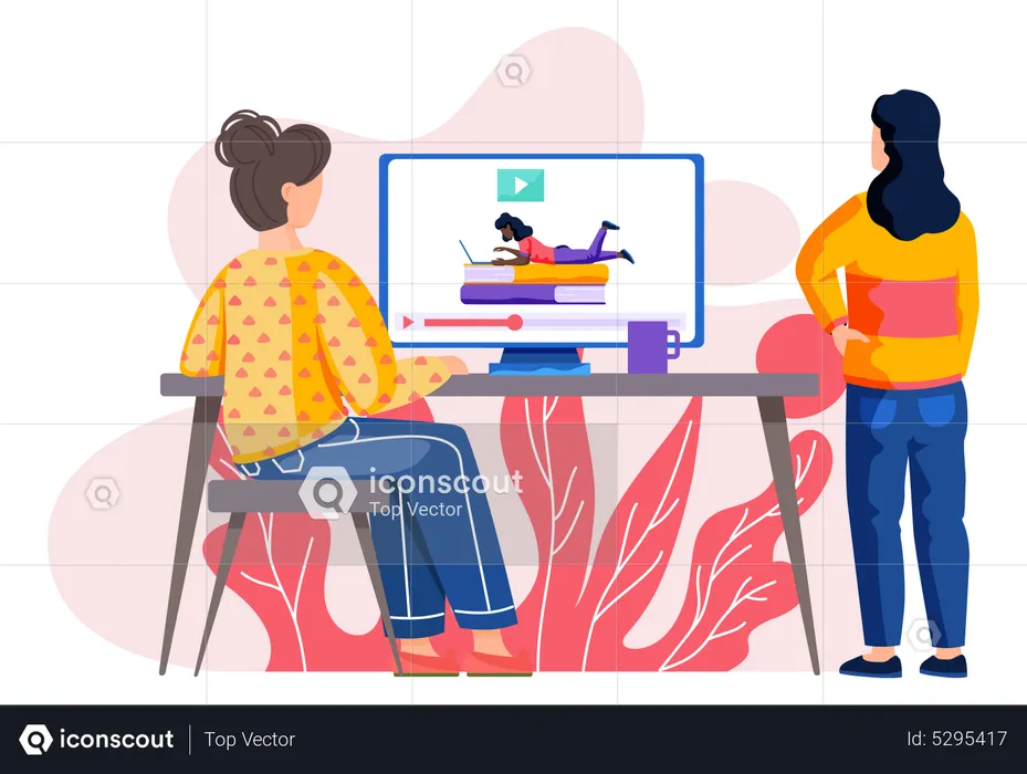 Female freelancer learning online at home  Illustration