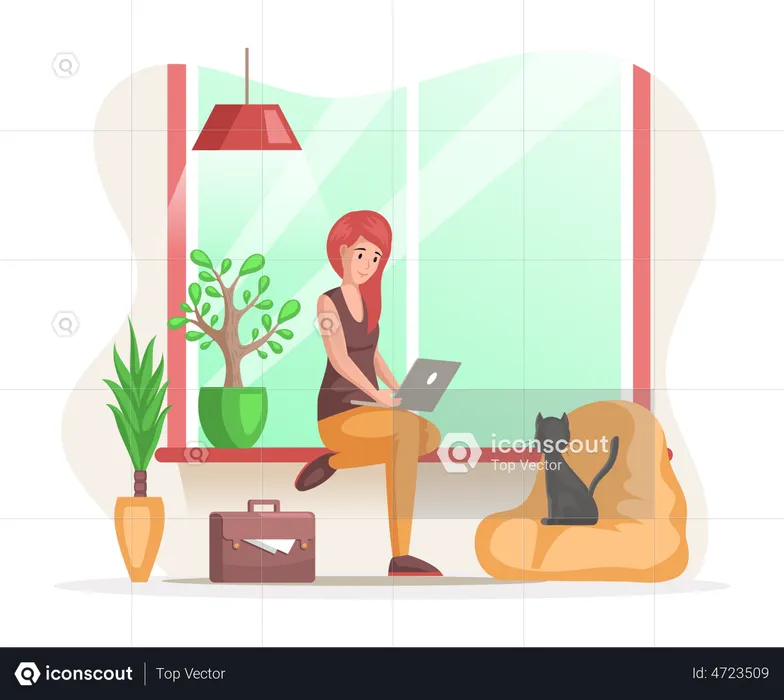 Female freelancer sitting at home working with laptop  Illustration