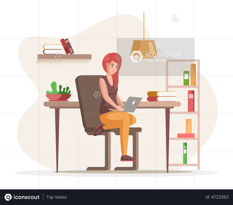 Female freelancer sitting at home working with laptop  Illustration