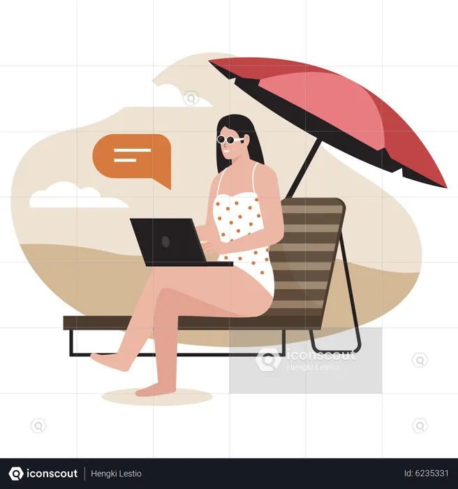 Female freelancer working from beach  Illustration