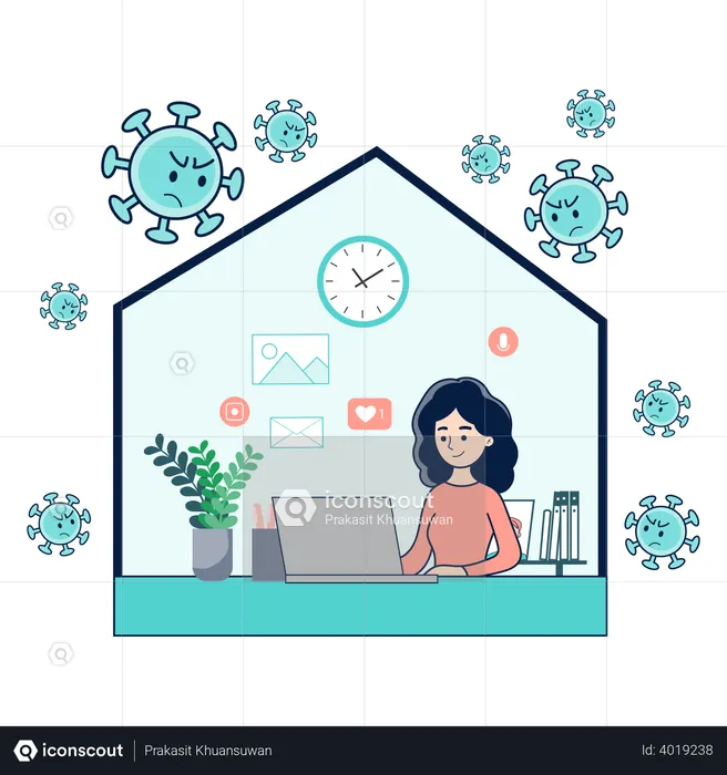 Female freelancer working from home to stop virus infection  Illustration