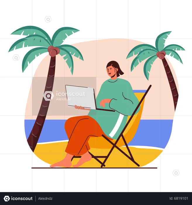 Female Freelancer working on beach  Illustration