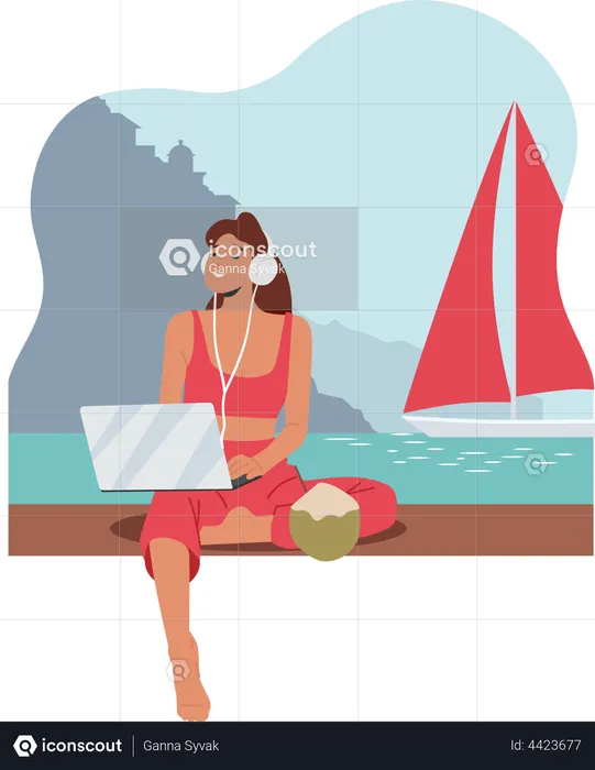 Female Freelancer working on vacation  Illustration