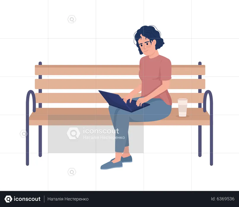 Female freelancer working remotely on bench  Illustration