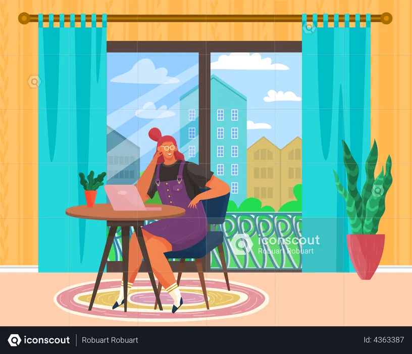 Female freelancer works with computer from home  Illustration