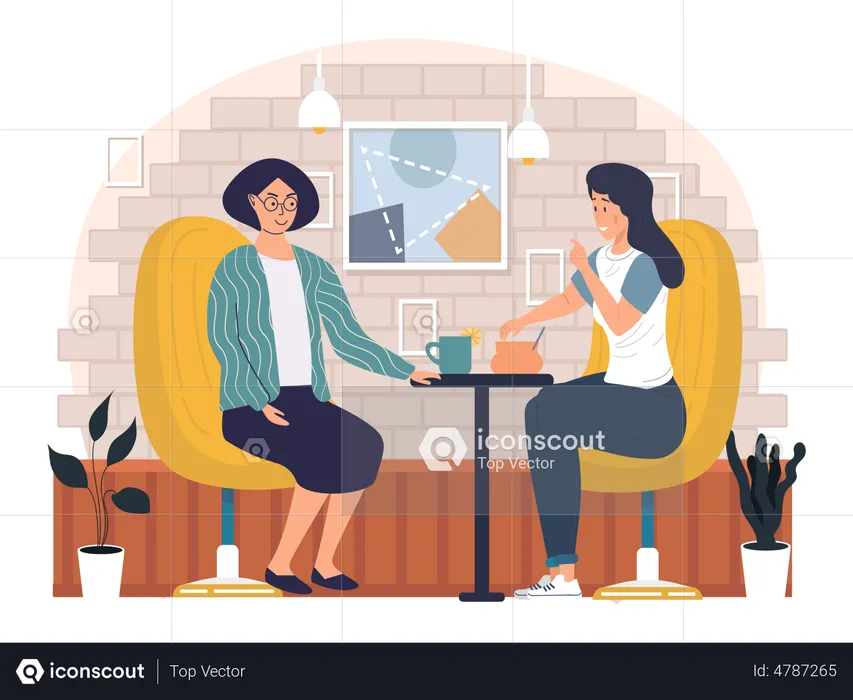 Female friends are sitting in cafe  Illustration