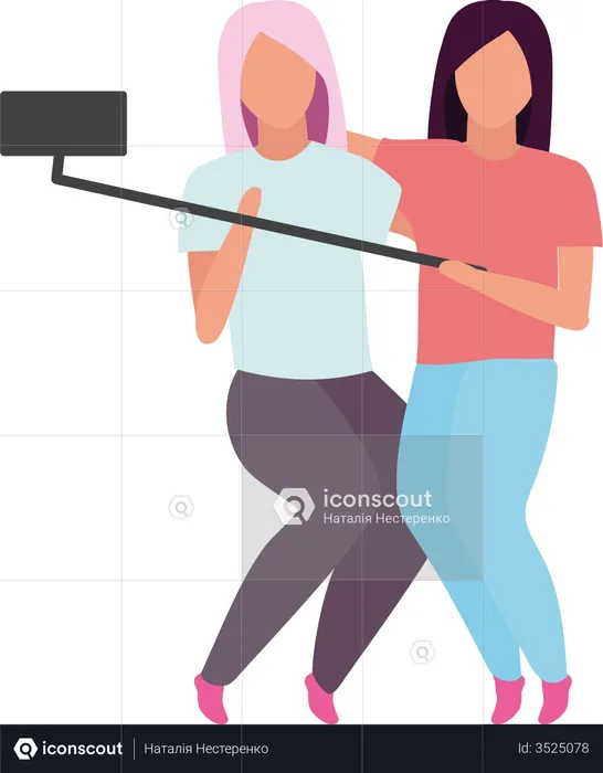 Female friends making photo with selfie stick  Illustration